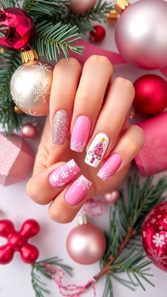 Pink Christmas Nail Art Inspiration A collection of pink Christmas nail art designs featuring glitter, snowflakes, and Christmas trees on a festive background.